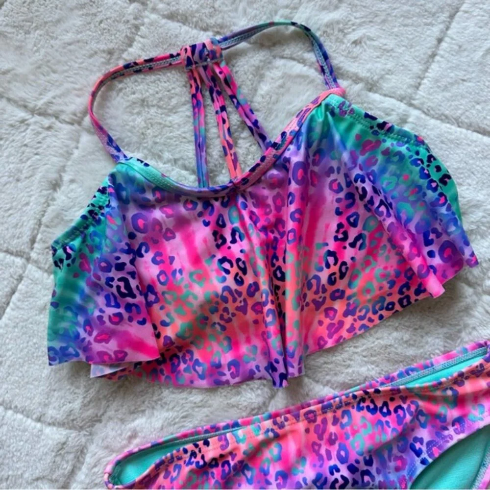 Wonder Nation | Pink and Blue Ombre Cheetah Print Flounce Bikini Set | Size 7/8